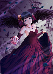 Rule 34 | 1girl, black hair, black wings, dress, female focus, flower, gradient background, highres, jewelry, nail polish, necklace, petals, ring, rose, smile, solo, wings, yume robo