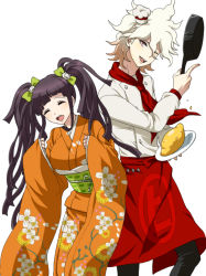Rule 34 | :d, apron, bow, brown hair, buttons, cat hair ornament, chef, chef hat, clenched hands, cosplay, danganronpa (series), danganronpa 2: goodbye despair, dosugon, double-breasted, feet out of frame, floral print, food, frying pan, green bow, grey background, hair bow, hair ornament, hanamura teruteru, hanamura teruteru (cosplay), hat, holding, holding frying pan, holding plate, japanese clothes, kimono, komaeda nagito, long sleeves, multicolored hair, neckerchief, omelet, omurice, open mouth, orange kimono, plate, red apron, red neckerchief, saionji hiyoko, saionji hiyoko (cosplay), simple background, smile, teeth, tongue, tsumiki mikan, twintails, two-tone hair, upper teeth only, white hair, wide sleeves