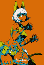 Rule 34 | 1girl, abs, belt buckle, belt pouch, bob cut, buckle, cat girl, claws, collar, cowboy shot, crop top, fingerless gloves, gloves, looking at viewer, midriff, ms. fortune (skullgirls), muscular, muscular female, navel, neck bell, orange background, paw pose, pouch, scar, short hair, skullgirls, smirkingcat, solo, white hair