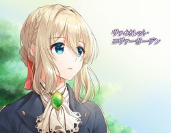 Rule 34 | 1girl, blonde hair, blue eyes, blue jacket, braid, character name, commentary request, copyright name, face, gintama 10102, hair between eyes, hair ribbon, highres, jacket, long hair, red ribbon, ribbon, solo, translation request, violet evergarden, violet evergarden (series)