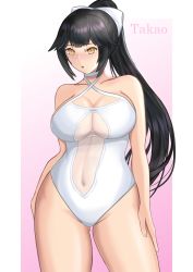 Rule 34 | 1girl, absurdres, azur lane, black hair, bow, breasts, brown eyes, casual one-piece swimsuit, character name, choker, cleavage, clothing cutout, criss-cross halter, hair bow, hair flaps, halterneck, highres, khanld193, large breasts, long hair, looking at viewer, navel cutout, one-piece swimsuit, ponytail, solo, swimsuit, takao (azur lane), takao (beach rhapsody) (azur lane), thick thighs, thighs, white bow, white choker, white one-piece swimsuit