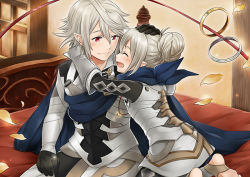 Rule 34 | 1boy, 1girl, armor, barefoot, bed, closed eyes, corrin (fire emblem), corrin (male) (fire emblem), corrin (male) (fire emblem), father and daughter, fire emblem, fire emblem fates, gloves, hetero, hug, jewelry, kana (female) (fire emblem), kana (fire emblem), nintendo, official art, pointy ears, red eyes, ring, soles