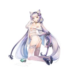 Rule 34 | 1girl, absurdly long hair, animal ears, ass, bell, blue hair, blush, braid, breasts, cat girl, cat tail, collar, from behind, full body, game cg, garter belt, garter straps, gradient hair, high heels, highres, last origin, long hair, looking at viewer, looking back, medium breasts, milk, multicolored hair, neck bell, official art, open mouth, paintale, perrault (last origin), purple hair, shirt, solo, suggestive fluid, tachi-e, tail, thighhighs, transparent background, twin braids, twisted torso, very long hair, wet, wet clothes, wet shirt, white garter belt, white garter straps, white thighhighs