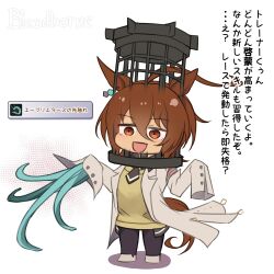 Rule 34 | 1girl, absurdres, agnes tachyon (umamusume), ahoge, animal ears, black necktie, black pantyhose, bloodborne, brown hair, chibi, commentary, copyright name, cosplay, crazy eyes, earrings, gameplay mechanics, highres, horse ears, horse girl, horse tail, huge ahoge, jewelry, medium hair, mensis cage, messy hair, micolash host of the nightmare, micolash host of the nightmare (cosplay), necktie, open mouth, pantyhose, short necktie, single earring, solo, sweater, tail, tentacles, translated, umamusume, white background, white footwear, yellow sweater, yomesuket