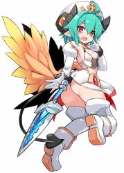 Rule 34 | 1girl, ahoge, arcana trust, armpit crease, ass, bare shoulders, blush, boots, breasts, commentary request, curled horns, dagger, demon girl, demon horns, demon tail, elbow gloves, feathered wings, full body, gloves, green hair, hair between eyes, hair intakes, hat, highres, horns, karukan (monjya), knife, red eyes, shinrabanshou, shoe soles, simple background, small breasts, solo, tail, thighhighs, twisted torso, weapon, white background, white footwear, white gloves, white hat, white thighhighs, wings, yellow wings