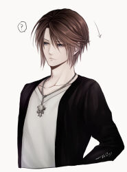 Rule 34 | 1boy, ?, alternate costume, black jacket, blue eyes, brown hair, commentary request, dated, expressionless, final fantasy, final fantasy viii, grey background, half-closed eyes, head tilt, hiryuu (kana h), jacket, jewelry, long sleeves, male focus, necklace, scar, scar on face, shirt, short hair, signature, simple background, solo, speech bubble, squall leonhart, upper body, v-neck, white shirt