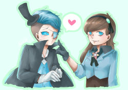 Rule 34 | 1boy, 1girl, absurdres, aqua eyes, aqua vest, blue hair, breasts, brooch, brown hair, coat, collared shirt, crying, dark persona, formal, gem, gloves, glowing jewelry, gravity falls, hair ornament, hairband, hat, heart, highres, jewelry, long hair, mabel gleeful, nydia, pentagram, personification, shirt, short hair, top hat, vest, will cipher