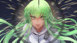 Rule 34 | 1girl, bodysuit, c.c., code geass, crying, crying with eyes open, floating hair, green hair, hair between eyes, highres, long hair, looking at viewer, open mouth, solo, sumi otto, tears, very long hair, vocaloid, white bodysuit, yellow eyes