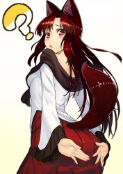 Rule 34 | 1girl, ?, animal ears, blouse, blush, brown hair, covering privates, covering ass, derivative work, from behind, imaizumi kagerou, long hair, long sleeves, looking at viewer, looking back, red eyes, red skirt, shirt, simple background, skirt, solo, tail, taketora suzume, touhou, white shirt, white shirt, wolf ears, wolf tail