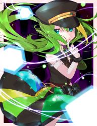 Rule 34 | 1girl, absurdres, alina gray, aqua eyes, bad id, bad pixiv id, black bow, black hat, black necktie, black vest, blunt ends, bow, breasts, brooch, chain, collar, cross tie, detached collar, fur cuffs, gem, green gemstone, green hair, hair between eyes, hat, highres, jewelry, kaiko 003f, lapels, long hair, magia record: mahou shoujo madoka magica gaiden, magical girl, mahou shoujo madoka magica, miniskirt, multicolored clothes, multicolored hair, multicolored skirt, necktie, notched lapels, peaked cap, pleated skirt, puffy short sleeves, puffy sleeves, see-through, see-through sleeves, short sleeves, sidelocks, skirt, sleeve cuffs, small breasts, solo, straight hair, streaked hair, striped clothes, striped skirt, v-neck, vertical-striped clothes, vertical-striped skirt, very long hair, vest, waist bow, white collar, white sleeves