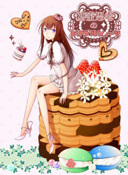Rule 34 | 1girl, aglio, alternate costume, bare legs, brown hair, cookie, dress, flower, food, foot dangle, frilled dress, frills, fruit, full body, hat, heart, high heels, in food, long hair, looking at viewer, macaron, makise kurisu, mini person, minigirl, no socks, pink background, pink footwear, puffy short sleeves, puffy sleeves, purple eyes, shoe dangle, shoes, short sleeves, sitting, smile, solo, steins;gate, strappy heels, strawberry, sweets, wafer stick