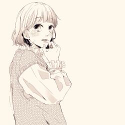 Rule 34 | 1girl, blouse, commentary, finger to mouth, frilled shirt, frilled sleeves, frills, from side, furusato kou, greyscale, jewelry, long sleeves, looking to the side, medium hair, monochrome, negative space, original, parted lips, ring, shirt, simple background, solo, turning head, vest