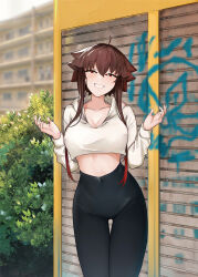 Rule 34 | 1girl, ahoge, black pants, breasts, bright pupils, brown hair, cleavage, collarbone, colored tips, contrapposto, covered navel, cowboy shot, crop top, crop top overhang, cropped hoodie, gluteal fold, graffiti, grin, hair between eyes, half-closed eyes, hands up, high-waist pants, highres, hood, hoodie, large breasts, light blush, liz (nin fake), long sleeves, looking at viewer, midriff, multicolored hair, navel, nin fake, original, outdoors, pants, red eyes, red hair, short hair with long locks, shrugging, sidelocks, smile, solo, spiked hair, sunglasses, thigh gap, tight clothes, tight pants, white hoodie