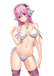 Rule 34 | 1girl, :o, bikini, breasts, cleavage, female focus, guang yiren, headphones, jewelry, large breasts, long hair, looking at viewer, navel, necklace, nitroplus, open mouth, pendant, pink hair, red eyes, shiny skin, side-tie bikini bottom, solo, strap gap, strap pull, super sonico, swimsuit, thighhighs