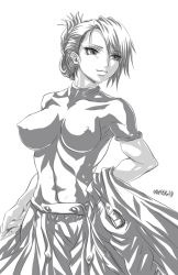 Rule 34 | 00s, 1girl, abs, breasts, covered erect nipples, folded ponytail, fullmetal alchemist, greyscale, impossible clothes, impossible shirt, large breasts, madhatter hello, military, military uniform, monochrome, riza hawkeye, shirt, skin tight, solo, uniform