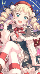 Rule 34 | 1girl, :d, aikatsu!, aikatsu! (series), beret, black ribbon, blonde hair, blue background, blue capelet, blue dress, blush, capelet, center frills, checkered clothes, checkered headwear, collar, commentary, crossed legs, dot nose, dress, drill hair, earrings, english commentary, fang, frilled capelet, frilled collar, frilled dress, frilled sleeves, frills, fur-trimmed legwear, fur trim, gradient background, green eyes, hair ribbon, hand on ground, hand up, hat, highres, jewelry, long hair, long sleeves, looking at viewer, looking down, neck ribbon, open mouth, pantyhose, pink background, pom pom (clothes), pom pom earrings, red background, red capelet, red hat, red ribbon, red socks, ribbon, sekina, shirt, simple background, sitting, smile, socks, solo, star (symbol), todo yurika, twin drills, white pantyhose, white shirt