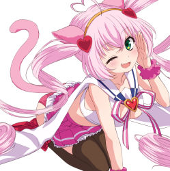 Rule 34 | 1girl, ;d, ahoge, animal ears, ass, blush, boots, breasts, brown thighhighs, cat ears, cat girl, cat tail, cleavage, cleavage cutout, clothes lift, clothing cutout, crop top, fang, frilled skirt, frills, green eyes, hair between eyes, hair ornament, hand up, heart, heart ahoge, heart hair ornament, highres, long hair, looking at viewer, medium breasts, midriff, nyama, one eye closed, open mouth, panties, pink hair, pink panties, pink scrunchie, pink skirt, pleated skirt, red footwear, ribbon, rosia (show by rock!!), scrunchie, seiza, shirt, shoe soles, show by rock!!, simple background, sitting, skirt, skirt lift, smile, solo, striped ribbon, tail, thighhighs, thighhighs under boots, twintails, underwear, very long hair, white background, white shirt, wrist scrunchie