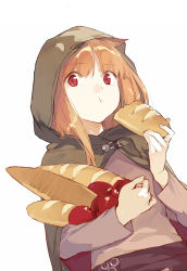 Rule 34 | 1girl, :t, apple, baguette, bread, brown hair, duoyuanjun, food, fruit, highres, holding, holding food, holo, hood, long sleeves, looking at viewer, red eyes, shirt, solo, spice and wolf, white background, wolf ears