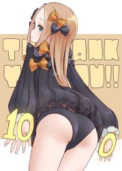 Rule 34 | 1girl, abigail williams (fate), absurdres, ass, back, black bow, black dress, black panties, blonde hair, blue eyes, bow, breasts, commentary request, dress, fate/grand order, fate (series), forehead, hair bow, highres, kopaka (karda nui), long hair, looking back, multiple bows, orange bow, panties, parted bangs, polka dot, polka dot bow, ribbed dress, sleeves past fingers, sleeves past wrists, small breasts, smile, thank you, thighs, underwear