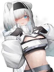 Rule 34 | 1girl, absurdres, animal ears, arknights, aurora (arknights), bear ears, bear girl, black gloves, black hairband, blue eyes, blush, breasts, cleavage cutout, clothing cutout, cropped jacket, gloves, hair over one eye, hairband, highres, jacket, long sleeves, looking at viewer, medium breasts, midriff, navel, short hair, simple background, solo, stomach, tab head, turtleneck, white background, white hair, white jacket, white sleeves, zipper