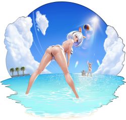 Rule 34 | 2girls, bikini, bird, day, from behind, highres, last origin, legs apart, looking at viewer, looking back, multiple girls, official art, parted lips, penguin, red eyes, saetti, short hair, sky, solo focus, standing, swimsuit, transparent background, wading, water, white hair