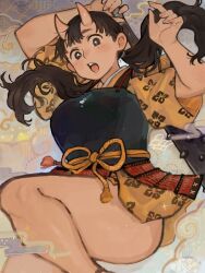 Rule 34 | 1girl, :o, armor, black eyes, black hair, blunt bangs, breastplate, chipped tooth, cloud, club, club (weapon), commentary request, dungeon meshi, epaulettes, feet out of frame, floating hair, floral print, holding club, horns, inutade, japanese armor, japanese clothes, kanabou, kimono, kusazuri, light blush, low twintails, midair, mole, mole under eye, oni, sash, short kimono, skin-covered horns, spiked club, thick thighs, thighs, twintails, twitter username, weapon, wide sleeves, yellow kimono, yu (zatta13chan)