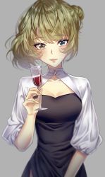 Rule 34 | 1girl, absurdres, alcohol, alternate hairstyle, arm up, black dress, blue eyes, blush, breasts, cleavage, cleavage cutout, clothing cutout, collarbone, cup, dress, drinking glass, green eyes, green hair, grey background, hair bun, heterochromia, highres, holding, holding cup, idolmaster, idolmaster cinderella girls, idolmaster cinderella girls starlight stage, looking at viewer, medium breasts, mole, mole under eye, red wine, short hair, short sleeves, side bun, side slit, simple background, single side bun, smile, solo, sparkle, takagaki kaede, upper body, user yunf4757, wine, wine glass