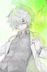 Rule 34 | 1boy, abram (project moon), black shirt, coat, collared shirt, commentary, enkephalin (project moon), facial hair, friedbirdchips, grey hair, highres, lab coat, lobotomy corporation, long sleeves, male focus, project moon, shirt, solo, stubble, upper body, white coat, wing collar, yellow eyes