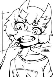 Rule 34 | 1girl, commentary, english commentary, fangs, greyscale, horns, kidouko (zakusi), looking at viewer, monochrome, mouth pull, oni, open mouth, original, red oni, short hair, short sleeves, signature, solo, upper body, wide-eyed, zakusi