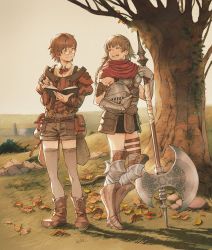 Rule 34 | 1boy, 1girl, ankle boots, armor, autumn leaves, axe, belt, belt pouch, boobplate, book, boots, bow, bowtie, braid, breastplate, brown eyes, brown footwear, brown hair, brown jacket, brown shorts, brown thighhighs, bush, carrying, carrying under arm, chest belt, clear sky, collared shirt, commentary, crown braid, day, eye contact, faulds, full body, gauntlets, glasses, grass, greaves, hatching (texture), unworn headwear, helm, helmet, unworn helmet, highres, holding, holding axe, holding book, holding helmet, horizon, ivy, jacket, juliet sleeves, kuroimori, long hair, long sleeves, looking at another, open mouth, original, outdoors, pouch, puffy sleeves, red bow, red bowtie, red scarf, rock, round eyewear, scarf, shadow, shirt, short hair, shorts, side braid, signature, sky, smile, standing, suspender shorts, suspenders, symbol-only commentary, thigh strap, thighhighs, tree, twin braids
