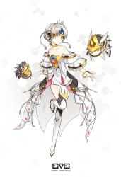 Rule 34 | 1girl, :o, absurdres, bad id, bad twitter id, bare shoulders, boots, braid, character name, choker, code: empress (elsword), collarbone, detached sleeves, dress, elsword, eve (elsword), facial mark, forehead jewel, frilled sleeves, frills, full body, gem, grey hair, headphones, highres, hwansang, leg up, looking at viewer, moby (elsword), open mouth, pelvic curtain, remy (elsword), short hair, showgirl skirt, skirt, standing, standing on one leg, strapless, strapless dress, tassel, thigh boots, thighhighs, tiara, updo, white footwear, white thighhighs, yellow eyes