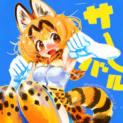 Rule 34 | 10s, 1girl, 2017, :d, animal ear fluff, animal ears, blue background, bow, bowtie, breasts, character name, dated, elbow gloves, fangs, gloves, hakkasame, high-waist skirt, kemono friends, medium breasts, open mouth, orange eyes, orange hair, serval (kemono friends), serval print, serval tail, shirt, short hair, skirt, sleeveless, sleeveless shirt, smile, solo, striped tail, tail, twitter username, white gloves, white shirt