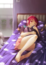 Rule 34 | 1girl, :p, animal, ardnades, barefoot, bed, blush, cat, feet, foot focus, hug, indoors, legs, lying, original, plant, red eyes, red hair, short hair, skirt, smile, solo, toes, tongue, tongue out, window