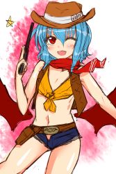 Rule 34 | 1girl, alternate costume, arms at sides, bare shoulders, bat wings, blue hair, breasts, cleavage, cowboy hat, crop top, cutoffs, denim, denim shorts, flat chest, front-tie top, gun, handgun, hat, highres, holster, looking at viewer, midriff, navel, neckerchief, one eye closed, open clothes, open fly, open vest, red eyes, remilia scarlet, revolver, roki (hirokix), short hair, short shorts, shorts, sketch, slit pupils, small breasts, smile, solo, touhou, unbuttoned, unzipped, vest, weapon, cowboy western, wings