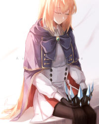 Rule 34 | 1girl, artoria caster (fate), artoria caster (second ascension) (fate), artoria pendragon (fate), black gloves, black pantyhose, blonde hair, bow, buttons, cape, closed eyes, coat, crown, double-breasted, fate/grand order, fate (series), gloves, hair between eyes, highres, holding, holding crown, long hair, pantyhose, pleated skirt, purple bow, purple cape, signature, skirt, solo, very long hair, white background, white coat, white skirt, ye mei (hami illust)