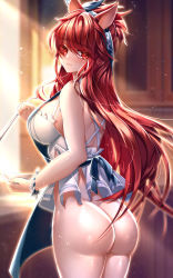 Rule 34 | 1girl, absurdres, apron, ass, been, blush, breasts, elesis (elsword), female focus, highres, long hair, looking at viewer, looking back, naked apron, nipples, red hair, solo, upper body