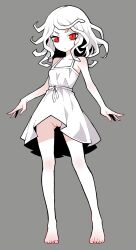 Rule 34 | 1girl, a-pose, akableak, bare shoulders, barefoot, breasts, cleft of venus, closed mouth, clothes lift, collarbone, commentary, dot mouth, dress, dress lift, english commentary, expressionless, full body, grey background, highres, looking at viewer, medium hair, monogatari (series), no panties, otorimonogatari, pussy, red eyes, sengoku nadeko, slit pupils, small breasts, snake hair, solo, standing, sundress, toes, upskirt, v-shaped eyebrows, white dress, white hair, wind, wind lift