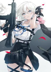 Rule 34 | 1girl, absurdres, apc556 (girls&#039; frontline), assault rifle, b&amp;t apc556, belt, belt pouch, black skirt, blue eyes, breasts, chest harness, cleavage, collarbone, commentary request, commission, falling petals, girls&#039; frontline, gun, hair between eyes, harness, highres, holding, holding gun, holding weapon, jacket, jacket on shoulders, komegoma505, large breasts, long hair, looking at viewer, open clothes, open shirt, parted lips, petals, ponytail, pouch, rifle, side slit, signature, simple background, skeb commission, skirt, solo, thigh strap, weapon, white background, white hair