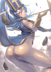 Rule 34 | 1girl, aqua hair, ass, bodysuit, dragon quest, dragon quest iii, gradient background, kazo (kazozakazo), looking at viewer, parted lips, priest (dq3), solo, thighs, yellow eyes