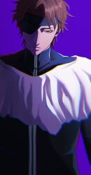 1boy absurdres aizen_sousuke black_bodysuit bleach bleach:_sennen_kessen-hen bodysuit brown_eyes brown_hair closed_mouth expressionless eyepatch hair_between_eyes highres kuni_929 lips looking_at_viewer male_focus one_eye_covered purple_background short_hair sidelighting simple_background solo tsurime upper_body v-shaped_eyebrows