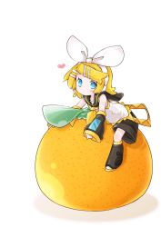 Rule 34 | 1girl, akino coto, arm warmers, bare shoulders, black collar, black shorts, blonde hair, blue eyes, bow, collar, commentary, food, fruit, hair bow, hair ornament, hairclip, heart, kagamine rin, leaf, leg warmers, looking at viewer, mini person, minigirl, neckerchief, orange (fruit), sailor collar, school uniform, shirt, short hair, short shorts, shorts, shoulder tattoo, sitting, sitting on food, sitting on object, sleeveless, sleeveless shirt, solo, swept bangs, symbol-only commentary, tattoo, vocaloid, white background, white bow, white shirt, yellow neckerchief