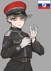Rule 34 | 1girl, adjusting clothes, adjusting gloves, belt, black coat, blonde hair, blue eyes, brown belt, chevron (symbol), coat, crown of thorns, gloves, grey background, hat, hearts of iron, highres, kaiserreich, military, military hat, military uniform, peaked cap, pzkpfwi, russian flag, scar, scar on face, solo, sword, uniform, weapon, white hair