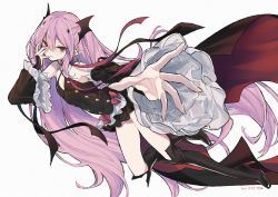 Rule 34 | 1girl, bat wings, black dress, black footwear, boots, breasts, detached sleeves, dress, frilled dress, frilled sleeves, frills, gothic lolita, hair between eyes, hands on own face, head wings, krul tepes, lolita fashion, long hair, long sleeves, looking at viewer, mimelond, owari no seraph, pink hair, pointy ears, red eyes, short dress, slit pupils, small breasts, thigh boots, vampire, very long hair, white background, wings