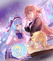 3girls animal_ears aqua_hair black_jacket blazer blonde_hair bow closed_eyes collared_shirt desk dr.k dreaming fox_ears frilled_hairband frills genshin_impact hairband highres indoors jacket long_hair lumine_(genshin_impact) multiple_girls pink_hair pink_jacket pointy_ears purple_bow purple_eyes school_uniform semi-rimless_eyewear shirt yae_miko yellow_jacket yumemizuki_mizuki