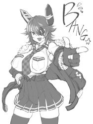 Rule 34 | 1girl, armpits, bang (gesture), bare shoulders, breast pocket, breasts, checkered clothes, checkered necktie, checkered neckwear, collared shirt, eyepatch, fang, finger gun, gloves, greyscale, hair between eyes, hand on own hip, headgear, highres, huge breasts, impossible clothes, impossible shirt, jacket, kantai collection, long sleeves, medium hair, miniskirt, monochrome, necktie, nuebiimu, one eye covered, open clothes, open jacket, open mouth, outstretched arm, partially fingerless gloves, pleated skirt, pocket, pointing, shirt, sketch, skirt, sleeveless, sleeveless shirt, smile, solo, tenryuu (kancolle), thighhighs, wing collar, zettai ryouiki