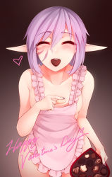 Rule 34 | 1girl, ^ ^, apron, bare shoulders, blush, box, box of chocolates, breasts, chocolate, closed eyes, eating, elf, english text, facial mark, fingernails, gradient background, heart, heart-shaped box, highres, kaleina (ricegnat), long fingernails, mouth hold, nail polish, naked apron, original, pink apron, pointy ears, purple hair, purple nails, ricegnat, sideboob, small breasts, solo, valentine, white chocolate