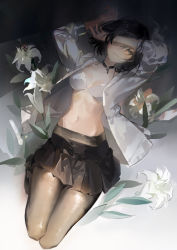 Rule 34 | 1girl, absurdres, arm on own head, black eyes, black hair, black skirt, blouse, bra, breasts, choker, collared shirt, flower, highres, lily (flower), looking at viewer, lying, medium breasts, messy hair, navel, on back, open clothes, open shirt, original, pantyhose, shirt, short hair, skirt, solo, soungruan mian mao, underwear, white bra, white shirt