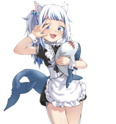 Rule 34 | 1girl, :d, absurdres, alternate costume, animal ears, bloop (gawr gura), blue eyes, blue hair, blunt bangs, blush, cat ears, character doll, enmaided, fins, fish tail, garter straps, gawr gura, highres, hololive, hololive english, hug, hugging doll, hugging object, long hair, looking at viewer, ludo0109, maid, multicolored hair, open mouth, ponytail, shark tail, sharp teeth, simple background, smile, solo, stuffed toy, tail, teeth, two-tone hair, virtual youtuber, w, white background, white hair, wrist cuffs