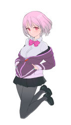 Rule 34 | 10s, 1girl, black footwear, black pantyhose, black skirt, bow, breasts, closed mouth, commentary request, full body, gridman universe, hair between eyes, hands in pockets, highres, kneeling, looking at viewer, medium breasts, original, pantyhose, pink bow, pink hair, pink neckwear, pleated skirt, red eyes, shinjou akane, short hair, skirt, solo, ssss.gridman, timbougami, white background