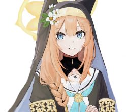 Rule 34 | 1girl, animal ear headwear, blue archive, blue eyes, blue neckerchief, braid, fake animal ears, flower, habit, halo, hat, hat flower, hat ornament, highres, hinagishi haru, looking at viewer, mari (blue archive), neckerchief, nun, open mouth, orange hair, own hands clasped, own hands together, sailor collar, sidelocks, simple background, single braid, smile, solo, upper body, white background